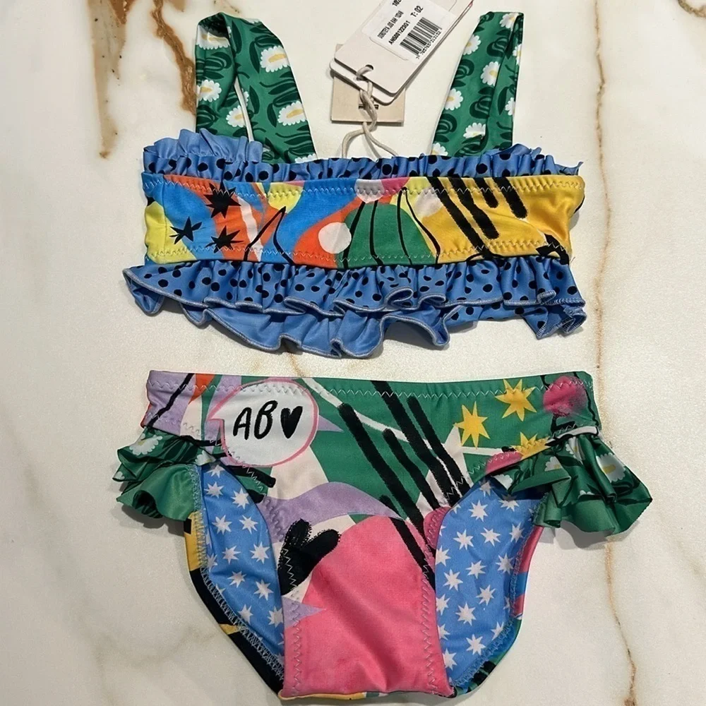 Agua Bendita Girls Multicolor Floral Ruffle Bikini - Pink, Green, Blue, Yellow